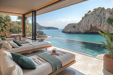 Luxury terrace with breath-taking view of the sea lagoon with crag. Minimalist elegant living room with big floor to ceiling window.