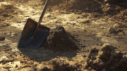 Shovel leaning against a pile of freshly dug soil, with clumps of dirt scattered around, glinting in soft morning light in a quiet outdoor setting
Generative AI