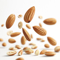Floating almonds in midair with sharp details, highlighting natural texture, nutrition, healthy eating, superfoods, organic food, vegetarian diet, wholesome ingredients, and balanced lifestylE