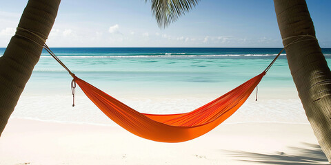 Relaxing beach scene with bright orange hammock tied between two palm trees over white sand, overlooking turquoise ocean, symbolizing tropical vacation, summer leisure, paradise escape, and coastal 