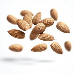 Floating almonds in midair with sharp details, highlighting natural texture, nutrition, healthy eating, superfoods, organic food, vegetarian diet, wholesome ingredients, and balanced lifestylE
