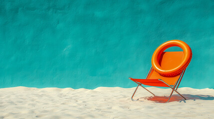 Bright orange life ring on a beach chair beside soft sand and turquoise ocean waves in the golden light of summer afternoon