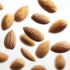 Floating almonds in midair with sharp details, highlighting natural texture, nutrition, healthy eating, superfoods, organic food, vegetarian diet, wholesome ingredients, and balanced lifestylE