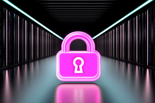 Glowing pink padlock in a futuristic server room symbolizing cybersecurity, protection, encryption, data safety, and secure technology in a modern digital environment