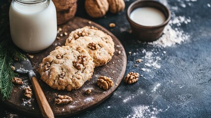 Two walnut cookies on wooden board with milk.