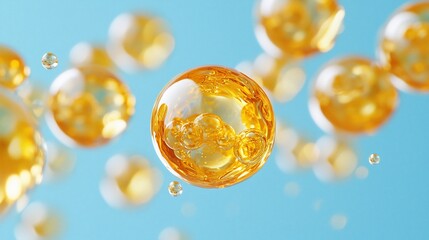 Fototapeta premium Golden oil bubbles float on blue; science, beauty, health