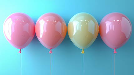 colorful pastel balloons arranged in a row against a gradient blue background, symbolizing fun, celebration, happiness, minimalism, joyful atmosphere, party decoration, childhood memories, and festive