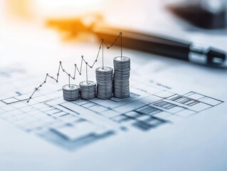 Account budgeting efficiency. Graphical representation of financial growth with coins and a chart on a document.