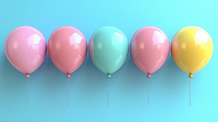 colorful pastel balloons arranged in a row against a gradient blue background, symbolizing fun, celebration, happiness, minimalism, joyful atmosphere, party decoration, childhood memories, and festive