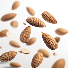 Floating almonds in midair with sharp details, highlighting natural texture, nutrition, healthy eating, superfoods, organic food, vegetarian diet, wholesome ingredients, and balanced lifestylE