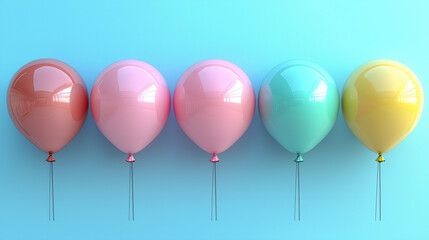 colorful pastel balloons arranged in a row against a gradient blue background, symbolizing fun, celebration, happiness, minimalism, joyful atmosphere, party decoration, childhood memories, and festive
