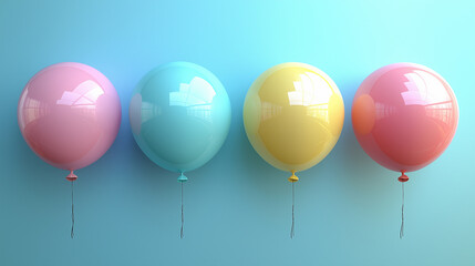 colorful pastel balloons arranged in a row against a gradient blue background, symbolizing fun, celebration, happiness, minimalism, joyful atmosphere, party decoration, childhood memories, and festive