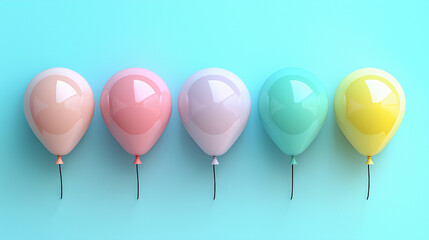 colorful pastel balloons arranged in a row against a gradient blue background, symbolizing fun, celebration, happiness, minimalism, joyful atmosphere, party decoration, childhood memories, and festive