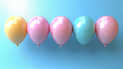 colorful pastel balloons arranged in a row against a gradient blue background, symbolizing fun, celebration, happiness, minimalism, joyful atmosphere, party decoration, childhood memories, and festive