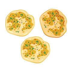 Indian flatbread with cheese naan. Festive bread of Asian cuisine. Traditional cooking of India. Vector illustration isolated on white background.