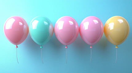 colorful pastel balloons arranged in a row against a gradient blue background, symbolizing fun, celebration, happiness, minimalism, joyful atmosphere, party decoration, childhood memories, and festive