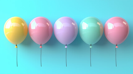 colorful pastel balloons arranged in a row against a gradient blue background, symbolizing fun, celebration, happiness, minimalism, joyful atmosphere, party decoration, childhood memories, and festive