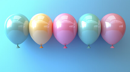 colorful pastel balloons arranged in a row against a gradient blue background, symbolizing fun, celebration, happiness, minimalism, joyful atmosphere, party decoration, childhood memories, and festive