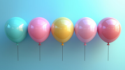 colorful pastel balloons arranged in a row against a gradient blue background, symbolizing fun, celebration, happiness, minimalism, joyful atmosphere, party decoration, childhood memories, and festive