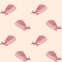 Seamless pattern with cute watercolor pink whale, Love card, Valentine illustration, Love pattern,  kids fabric design with adorable whales 