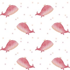 Seamless pattern with cute watercolor pink whale, Love card, Valentine illustration, Love pattern,  kids fabric design with adorable whales 