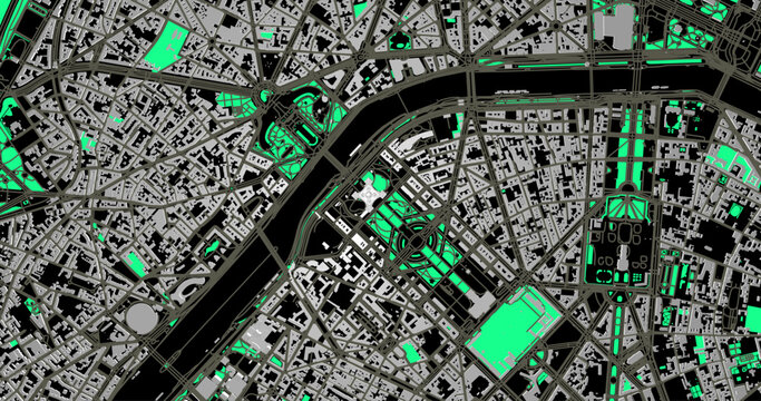 Vector street map of Paris in the area of the Eiffel Tower. Detailed display of the street grid, the Seine River and the surrounding area with a minimalist design, ideal for navigation and design proj