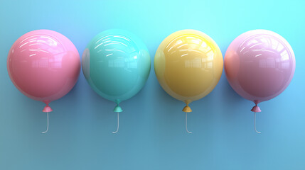 colorful pastel balloons arranged in a row against a gradient blue background, symbolizing fun, celebration, happiness, minimalism, joyful atmosphere, party decoration, childhood memories, and festive