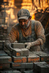 Bricklayer carefully placing a brick with steady hands, applying mortar amid stacks of bricks and tools in an active construction site with warm lighting Generative AI