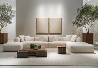 Modern White Sectional Sofa In A Living Room With Wooden Coffee Table And Plants