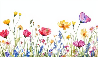 Watercolor wildflowers meadow border, summer floral design, white background, greeting card