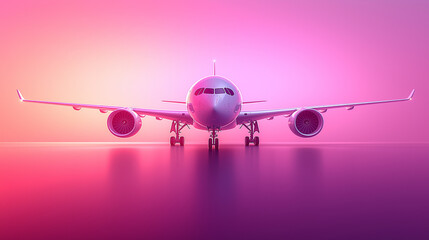 Modern commercial airplane with sleek aerodynamic design on gradient pink background, symbolizing aviation, air travel, futuristic technology, transportation, aerospace industry, global connectivity, 
