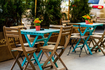 Empty table at restaurant terrace. Exterior table