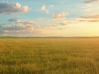 Fototapeta premium Golden sunset over vast green fields nature open landscape serene environment