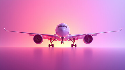 Modern commercial airplane with sleek aerodynamic design on gradient pink background, symbolizing aviation, air travel, futuristic technology, transportation, aerospace industry, global connectivity, 