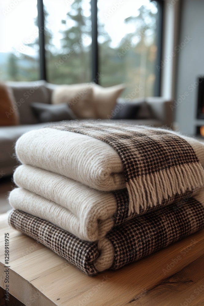 Poster Cozy blankets stacked on a wooden table in a modern living room with large windows overlooking nature