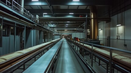 Industrial factory interior with long conveyor belts carrying product.