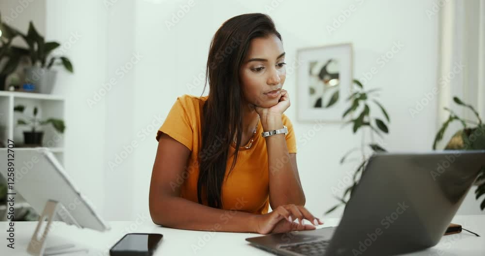 Leinwandbilder studying, typing and woman with laptop, home and reading of assignment on web, digital and online co