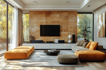 Minimalist, loft interior design of modern living room.