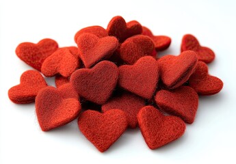 Red felt hearts arranged in a Valentine and love-themed border, isolated on a transparent background as a  file