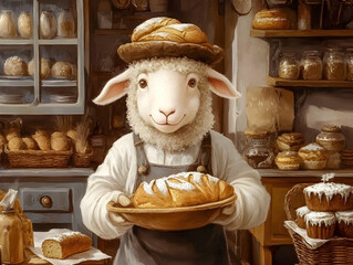 Whimsical Sheep Baker Concept: Joyful Homemade Bread in Rustic Bakery. Happy Animal Chef & Delicious Pastries