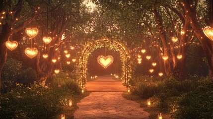 Obraz premium Romantic Candlelit Pathway Adorned with Heart-Shaped Lights