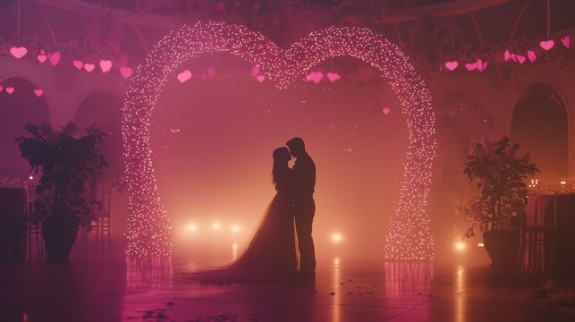 Romantic Couple Dancing Under Heart-Shaped Lights at a Celebration