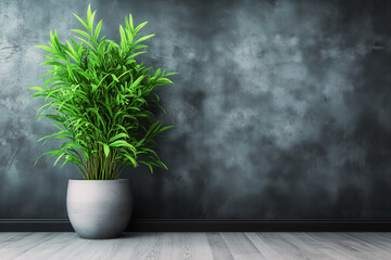 Interior background of room with black stucco wall and pot with plant.