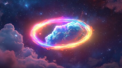 Obraz premium Abstract cloud floating in the night sky, surrounded by a multicolored neon ring, generative ai