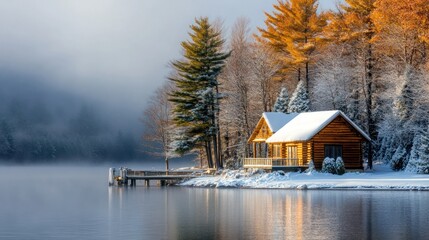 Fototapeta premium Winter Log Cabin Lakeside Peaceful Snowy Scene