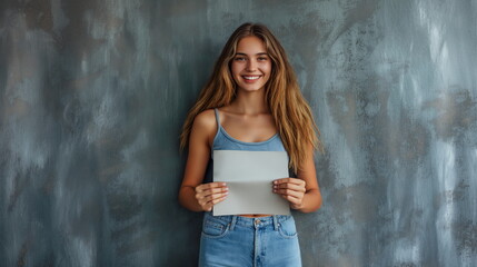 Fototapeta premium happy woman full length holding blank advertising _035