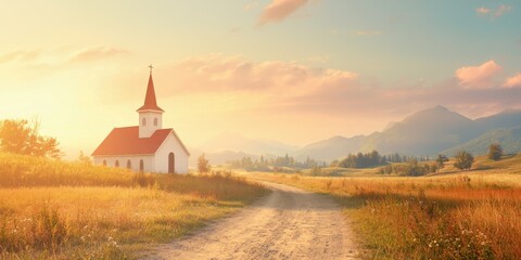 Fototapeta premium Serene sunrise over a rustic church countryside landscape nature tranquil environment scenic view