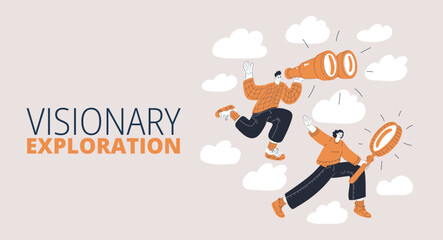 Cartoon vector illustration of people floating and using binoculars and magnifying glasses