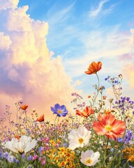 Obraz premium Vibrant wildflower bloom at sunset in an open field nature tranquil landscape