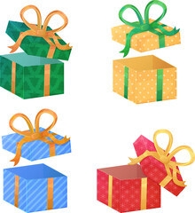 Set of four opened colorful Christmas gift boxes with gradient bows in green, yellow, red, and blue. Designed in cartoon style and isolated on white background. Perfect for holiday celebrations